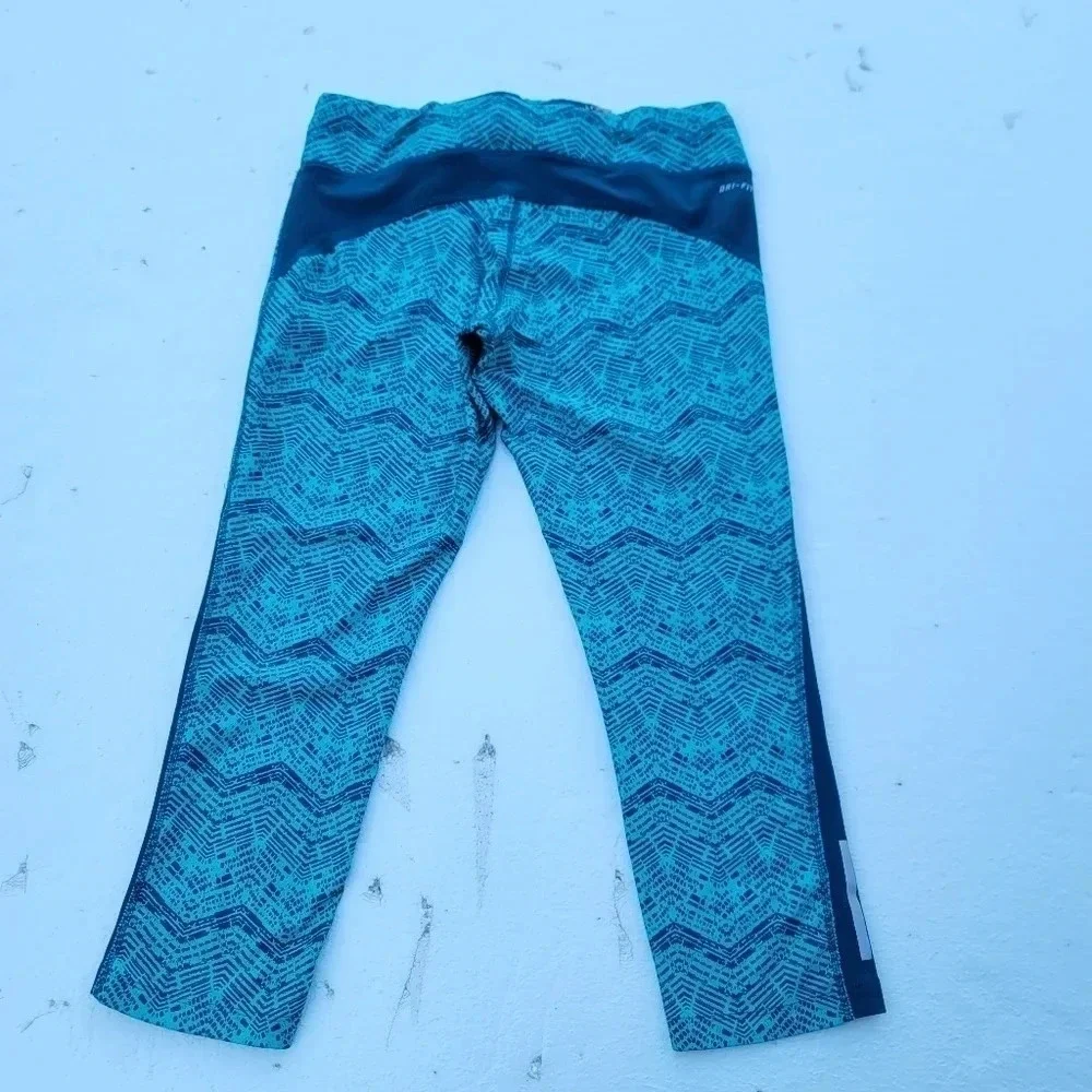 Womans Nike Dri-Fit Green Navy Tie Waist Cropped Leggings Running Athletic L